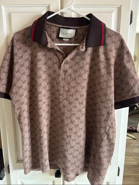 Gucci Brown GG Jacquard Polo with Red-Green Stripe Collar